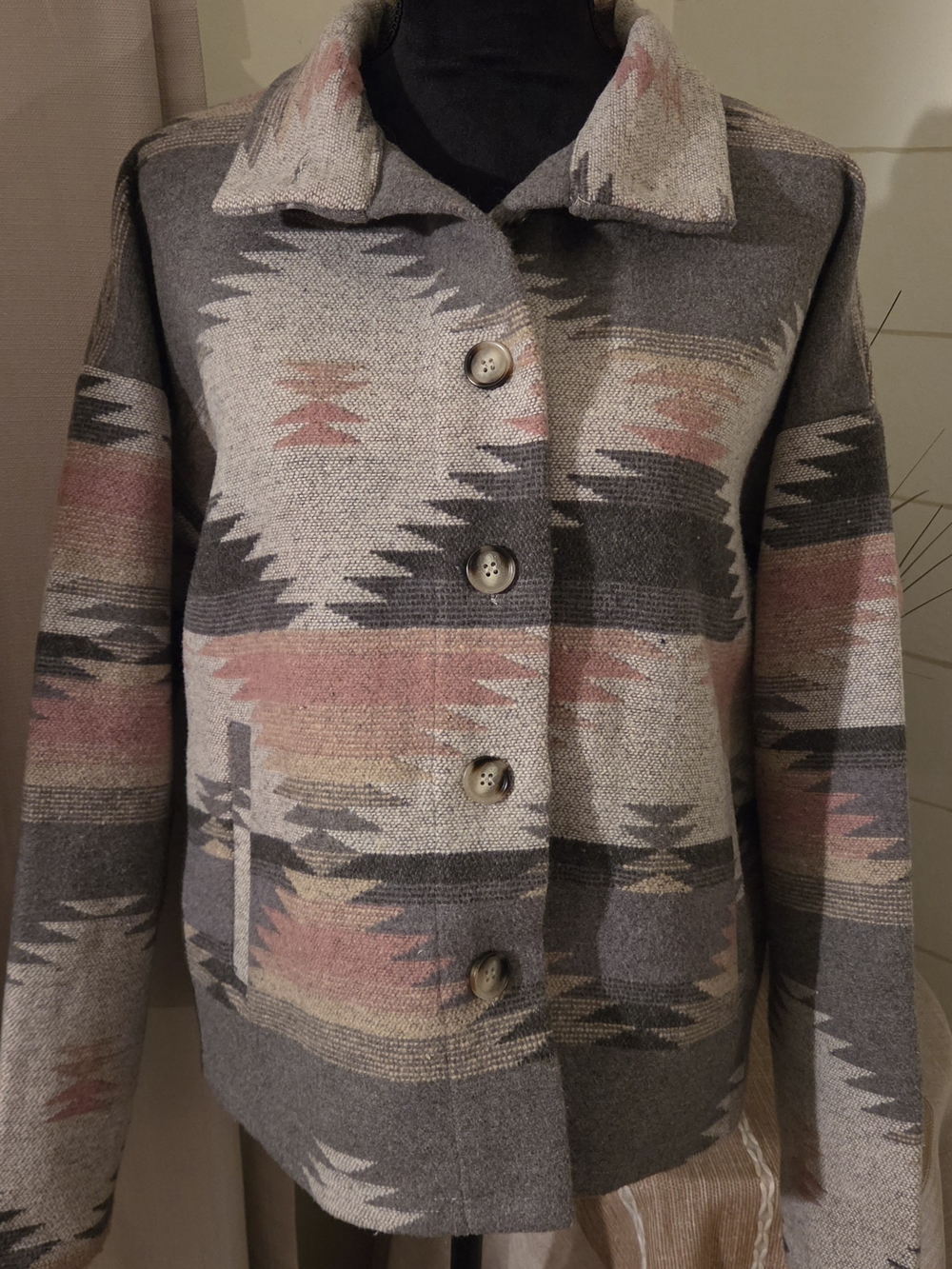 Aztec Southwest Woven Jacquard Shacket Heavy Blanket Jacket M Blue B Collection